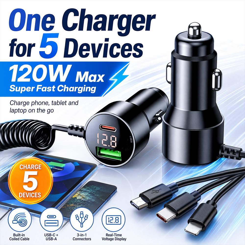 Laptop Accessories Essential - Cargador de Coche Multi-Puerto de 120W